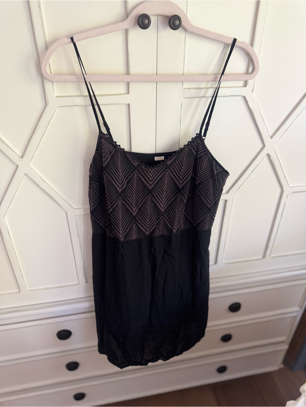 Anthropologie Maeve Mini Black Spaghetti Strap Slip Dress
with Geometric Patte